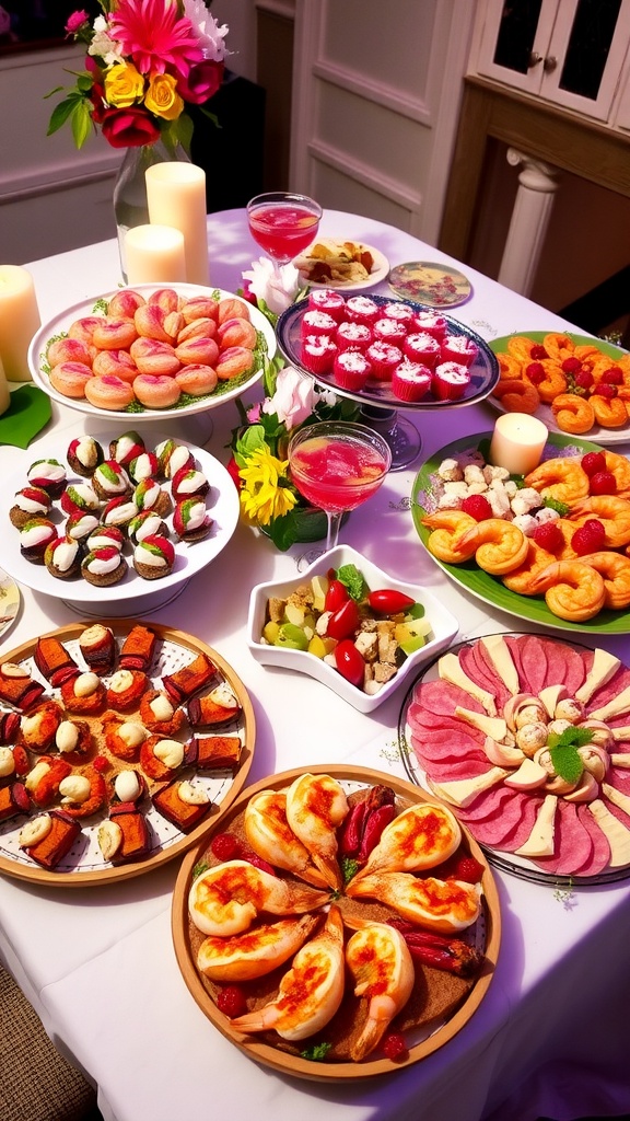 A colorful table featuring various appetizers for a 50th birthday celebration, including caprese skewers, stuffed mushrooms, and shrimp cocktail.